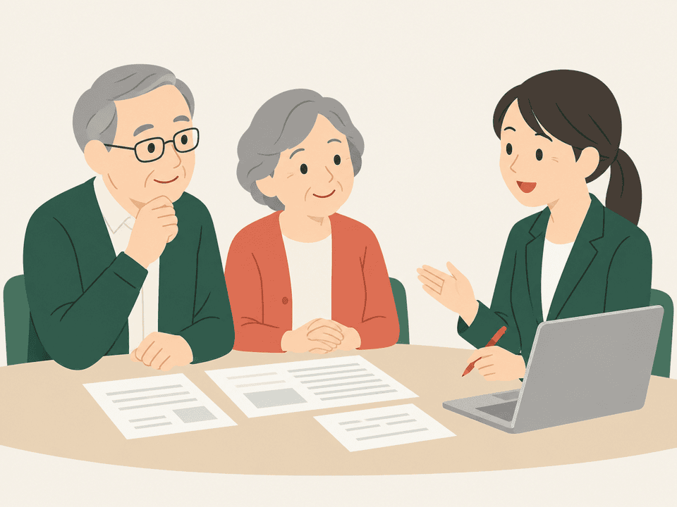 相談窓口で相談員に話を聞いてもらう夫婦のイラスト