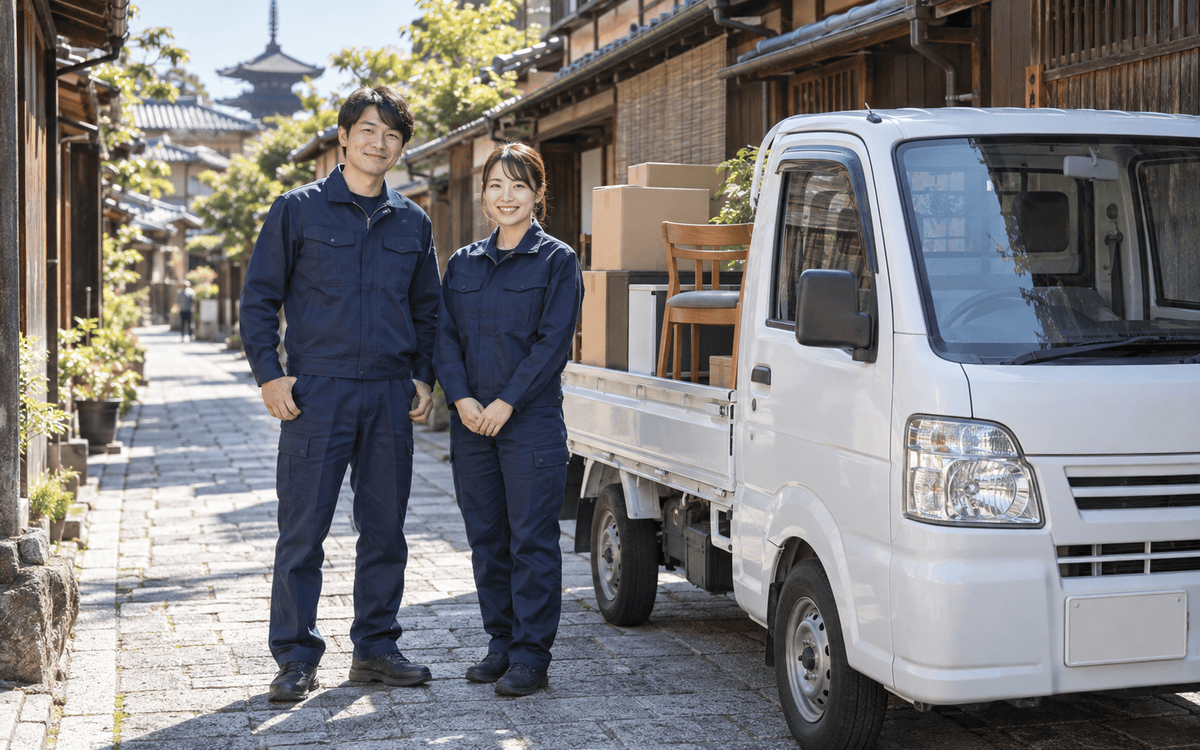 京都の路地で軽トラックの横に立つ回収スタッフ
