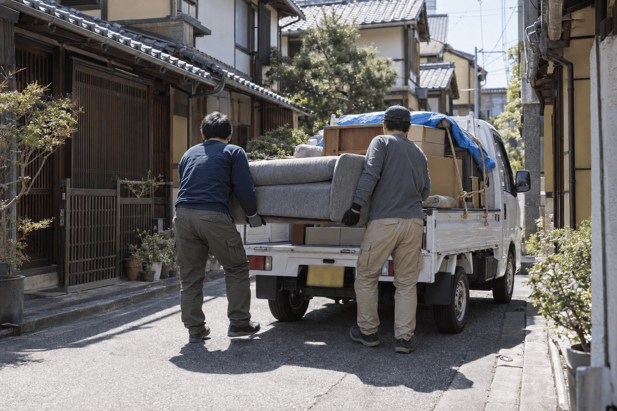 京都の路地で家具を積み込む回収スタッフ