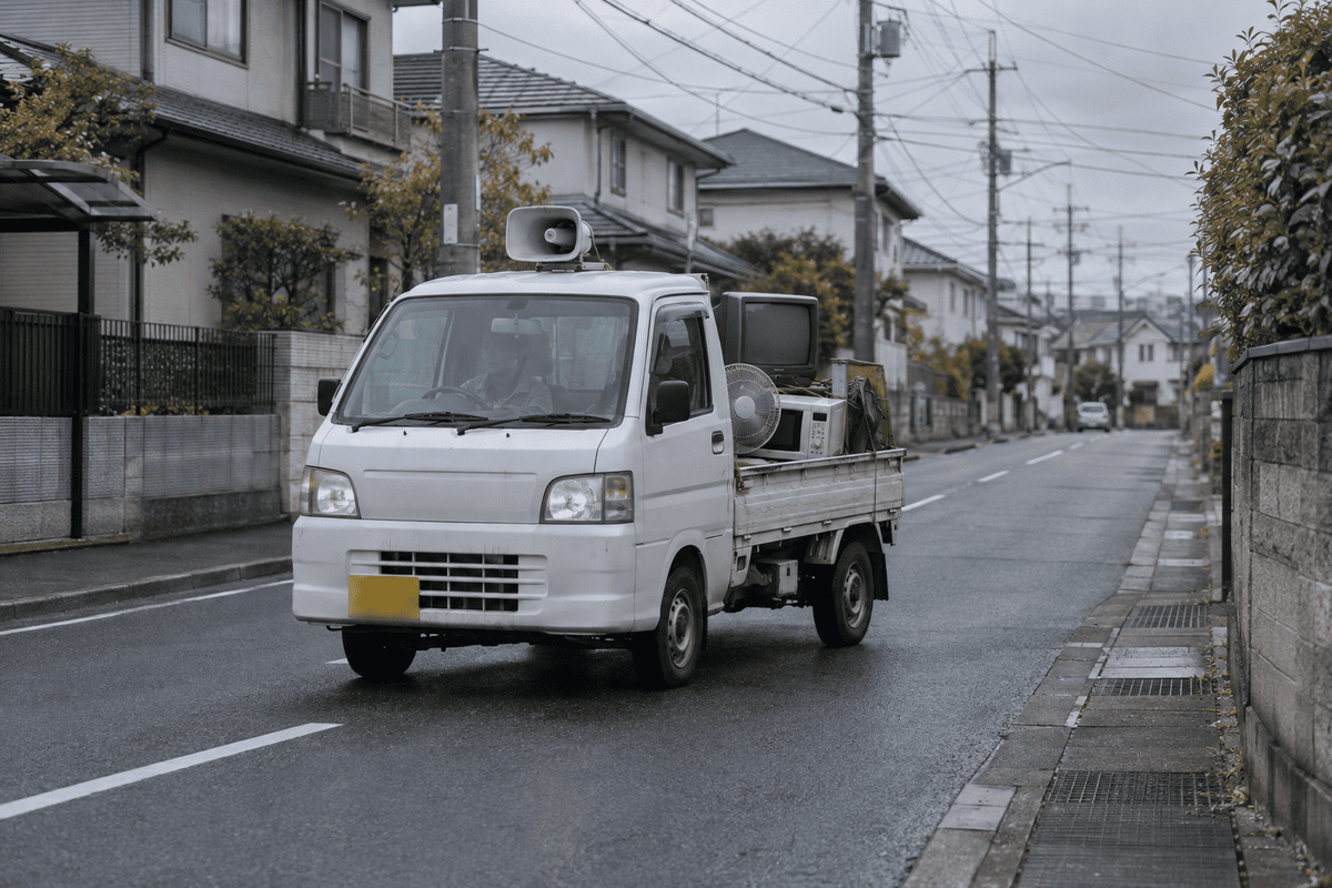 スピーカーを付けて住宅街を回る軽トラック