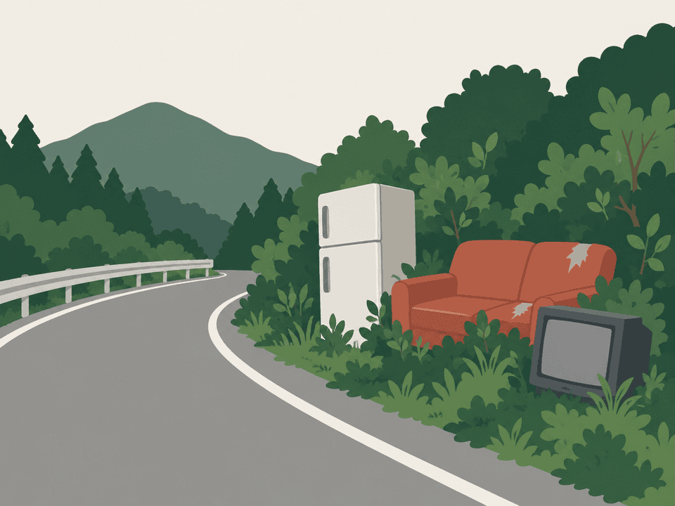 山道の脇に家具や家電が捨てられているイラスト