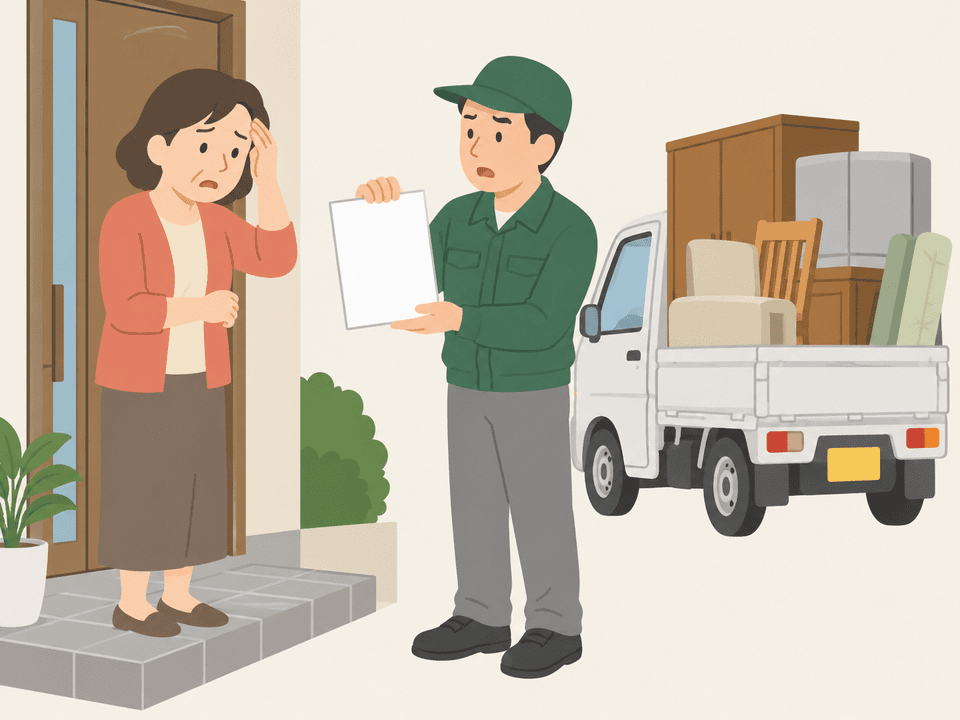 玄関先で業者から請求書を見せられて困る住人のイラスト